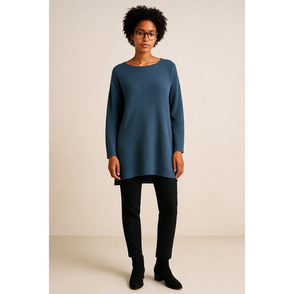 Eileen Fisher S Silk & Cotton Tunic Sweater $228 Knit Long Sleeve Peacock Blue - Picture 1 of 7